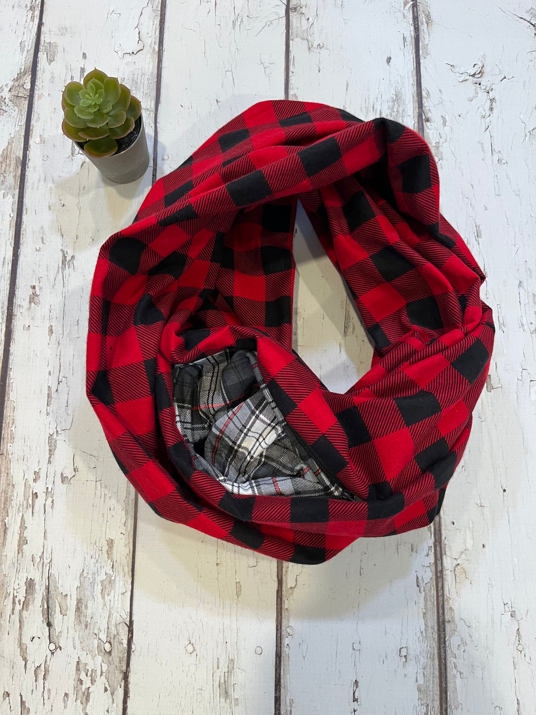 Hidden Pocket Infinity Scarf- Red Buffalo Plaid